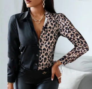 Women's Half Leopard Half Black Long Sleeve Button Down Shirt
