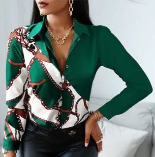 Women's Green Chain Print Button-Down Blouse