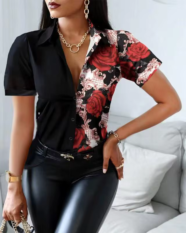 Women's Split Floral Rose Print Button Down Blouse