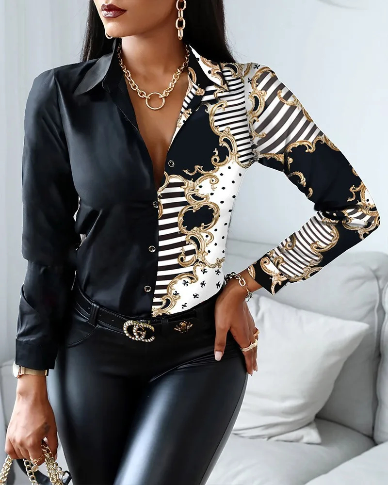Women's Split Baroque Print Button Down Shirt