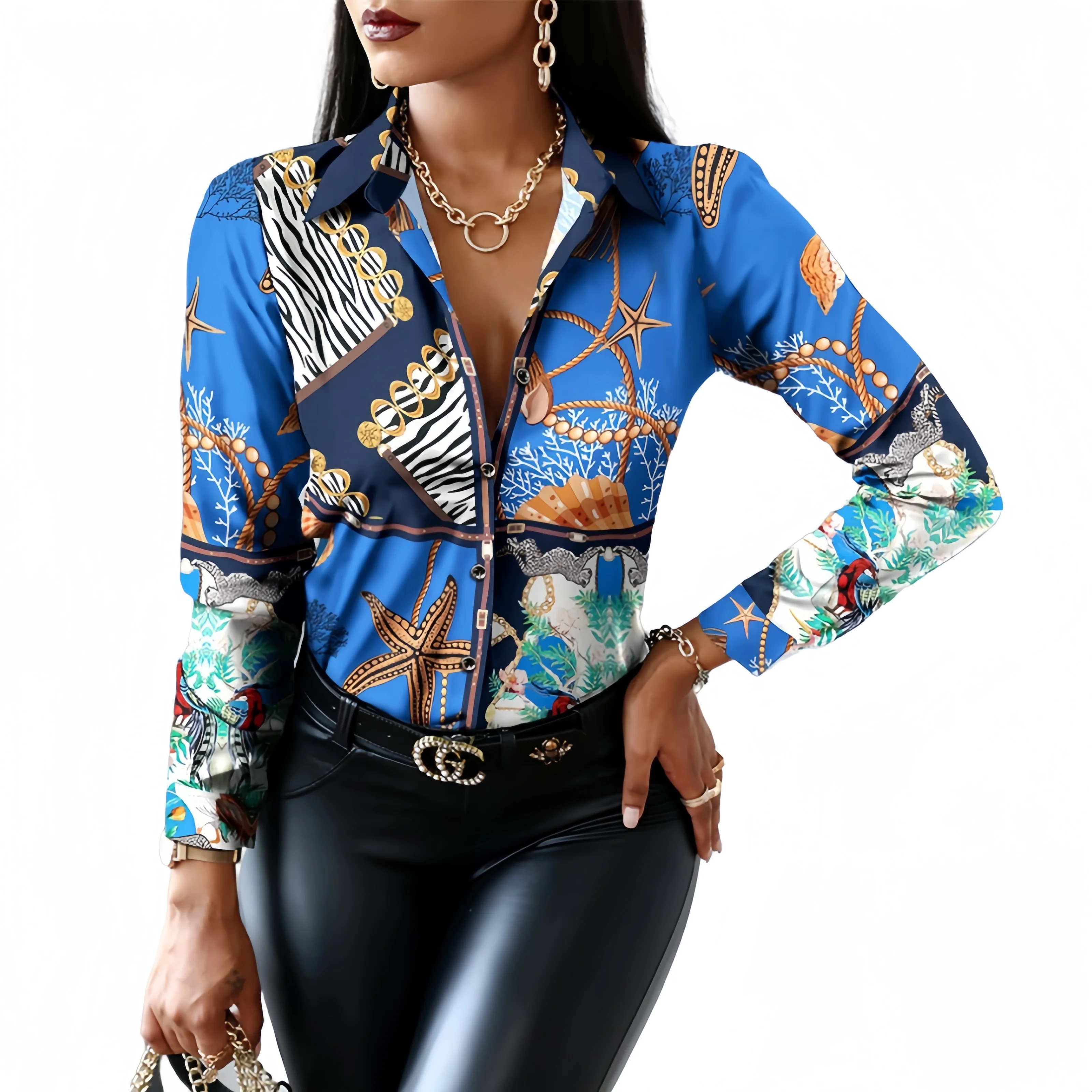 Women's Blue Nautical Graphic Print Long Sleeve Blouse