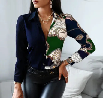 Women's Patchwork Chain Print Long Sleeve Blouse