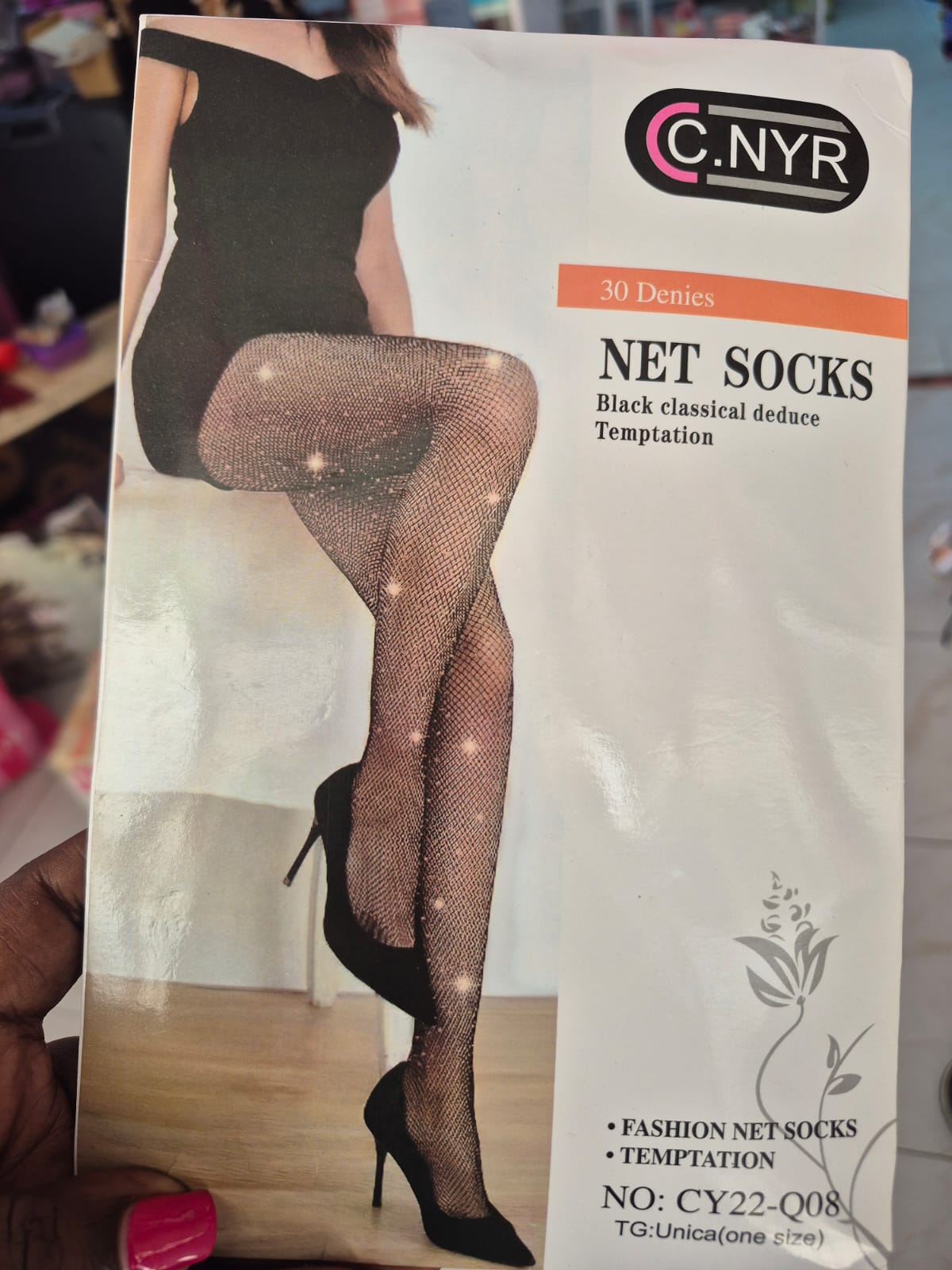 C.NYR 30 Denier Rhinestone Black Net Socks Tights